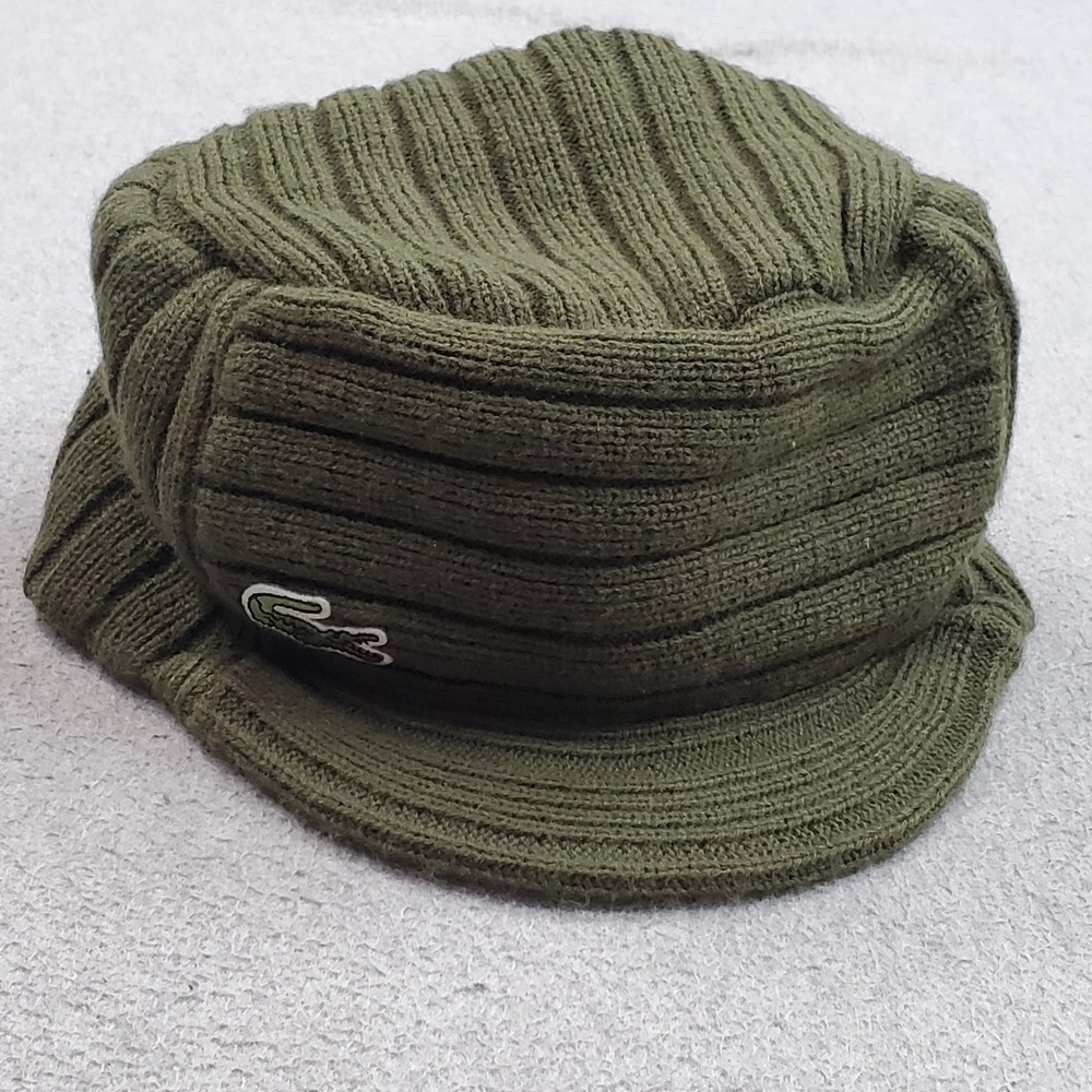 Lacoste Men Beanie OS Green Ribbed Embroidered Logo Knit Flat Top